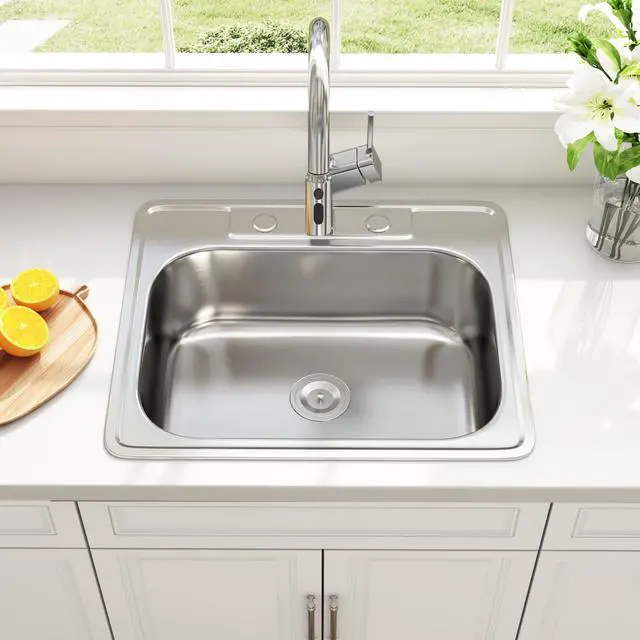 Alt view image 3 of 6 - 25x22 Drop In Single Bowl 25 Inch Topmount Kitchen Sink | 304 Stainless Steel, 18 Gauge Thickness, Three Holes with Cover, U Channel for Fixed, Strainer Included, 25" x 22" x 8"