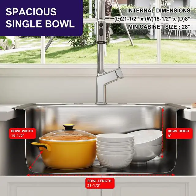 Alt view image 5 of 6 - 25x22 Drop In Single Bowl 25 Inch Topmount Kitchen Sink | 304 Stainless Steel, 18 Gauge Thickness, Three Holes with Cover, U Channel for Fixed, Strainer Included, 25" x 22" x 8"