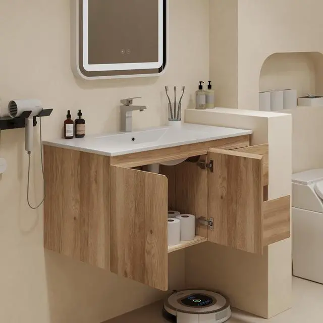 Alt view image 2 of 5 - Floating Bathroom Vanity Without Sink Wall Mounted Cabinet with 2 Soft-Close Drawers and Doors, Moisture-Resistant MDF,Large Storage for Small Space (36")