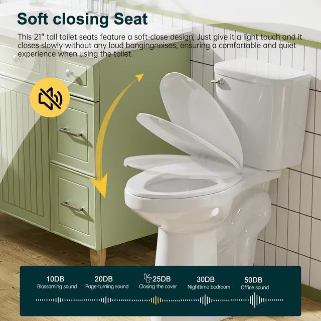 Alt view image 6 of 6 - 21" Elongated Extra Tall Toilets, Standard 12" Rough in Bathroom Toilet & Powerful Single Flush 1.28gpf High Toilet With Comfortable Soft Closing Seat, Ideal for Seniors, Handicap, Tall
