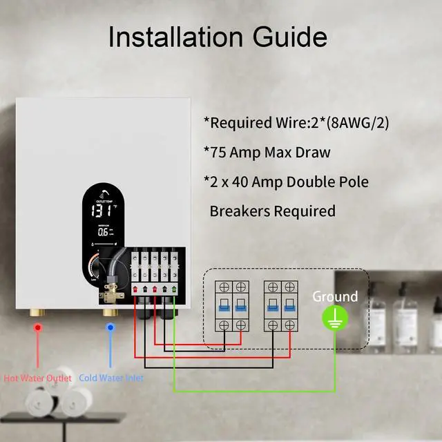 Alt view image 3 of 6 - 18KW Electric Tankless Water Heater, 240V On-Demand Instant Hot Water Heater for Whole House, Easy Install with Digital Display for Shower & Sink, White