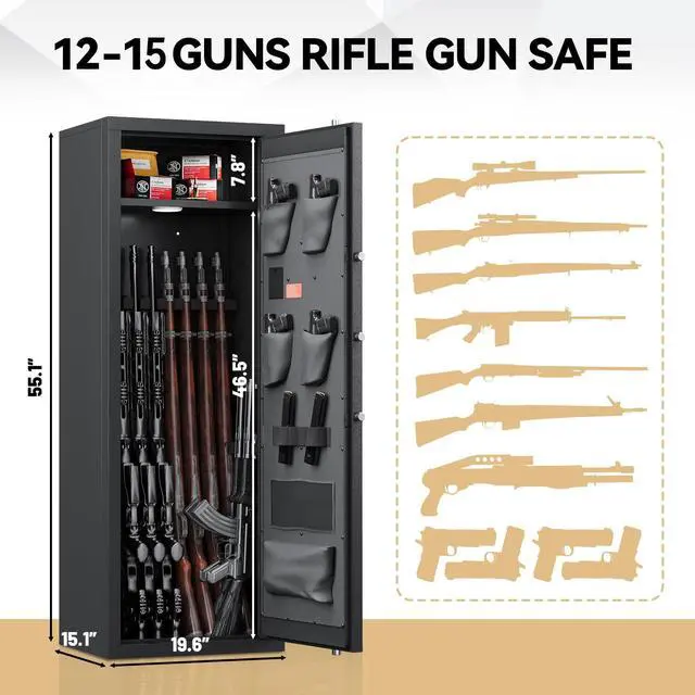 Alt view image 3 of 6 - 12-15 Rifle Gun Safe, Home Safes for Rifles and Pistols, Large Unassembled Rifle Safe with 3 Removable Gun Racks, Digital Gun Cabinet with 4 Pistol Pockets
