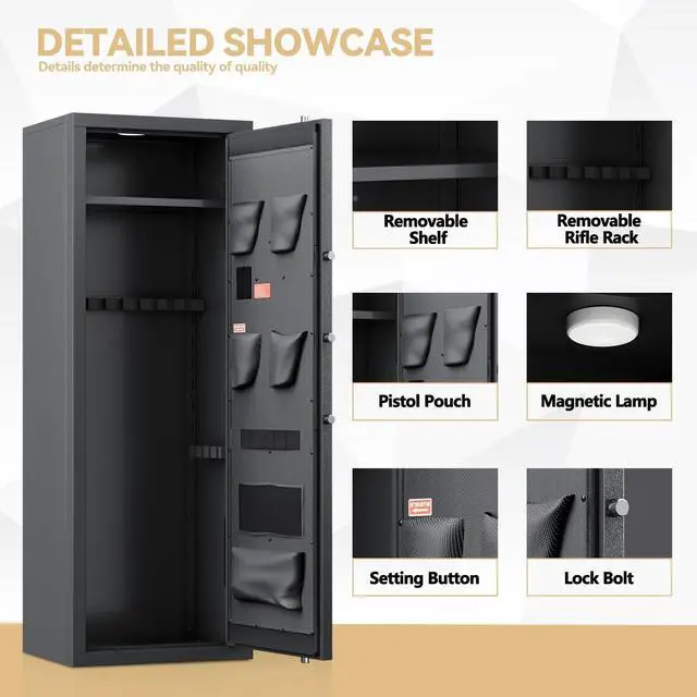 Alt view image 4 of 6 - 12-15 Rifle Gun Safe, Home Safes for Rifles and Pistols, Large Unassembled Rifle Safe with 3 Removable Gun Racks, Digital Gun Cabinet with 4 Pistol Pockets
