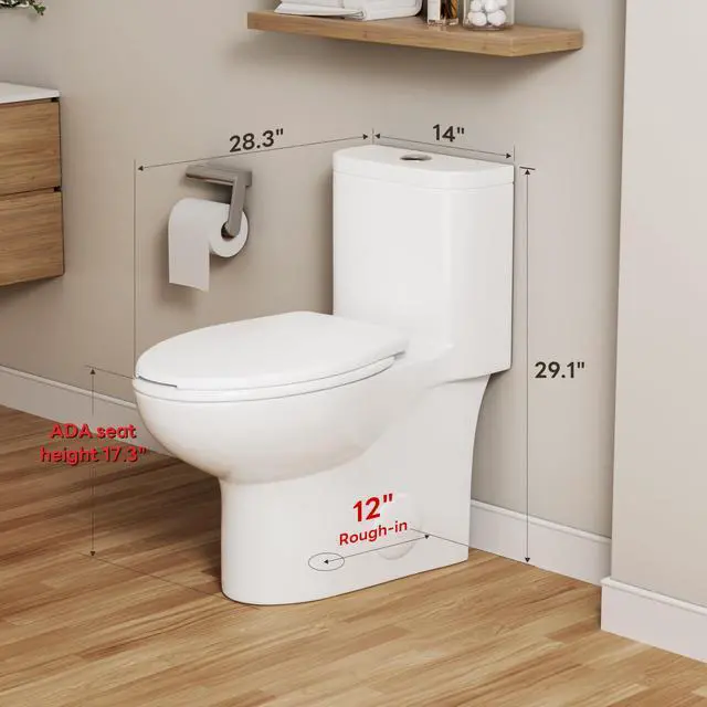 Alt view image 2 of 6 - Elongated One Piece Toilet for Bathroom, Modern 17.3" ADA Comfort Height Design, Soft Closing Seat, High Efficiency Dual Flush (1.1/1.6 GPF), 12" Rough-In, MAP 1000g, White Toilet Bowl