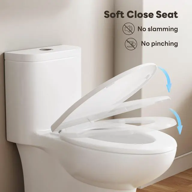 Alt view image 4 of 6 - Elongated One Piece Toilet for Bathroom, Modern 17.3" ADA Comfort Height Design, Soft Closing Seat, High Efficiency Dual Flush (1.1/1.6 GPF), 12" Rough-In, MAP 1000g, White Toilet Bowl