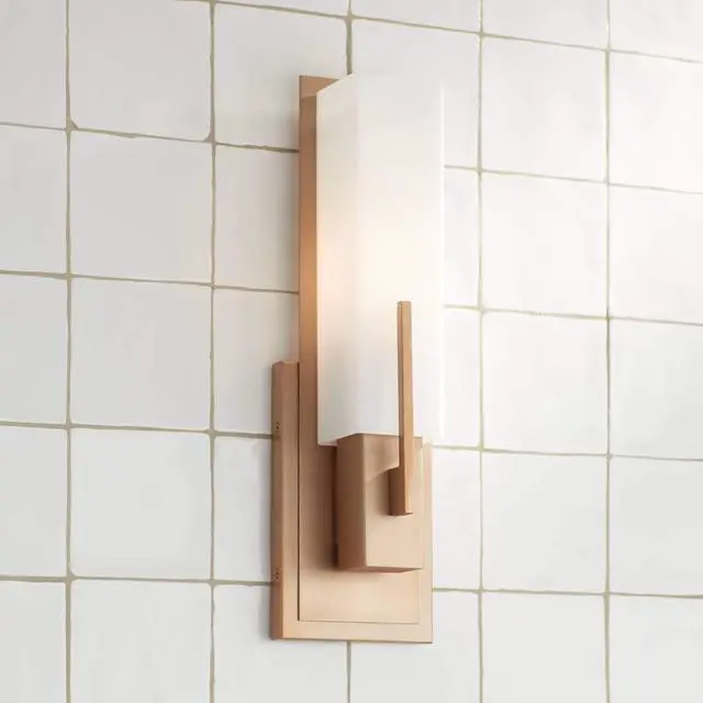 Main image of Midtown Modern Wall Sconce Lighting Burnished Brass Hardwired 15" High Fixture Rectangular White Glass for Bedroom Bathroom Bedside Living Room Home Hallway Dining Kitchen