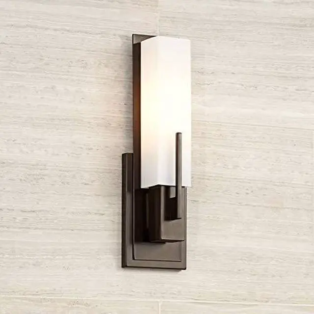 Main image of Midtown Modern Wall Light Sconce Bronze Hardwired 4 1/2" Fixture Opal White Glass Rectangular Shade for Bedroom Bedside Bathroom Vanity Living Room Hallway Dining House Kitchen