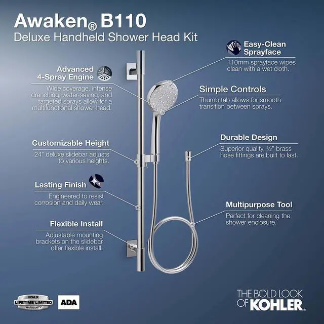 Alt view image 3 of 4 - 99243-G-2BZ Awaken Deluxe 3-Function Handshower Kit, Handheld Shower Head with 24" Slidebar and 60" Hose, 1.75 GPM, Oil-Rubbed Bronze