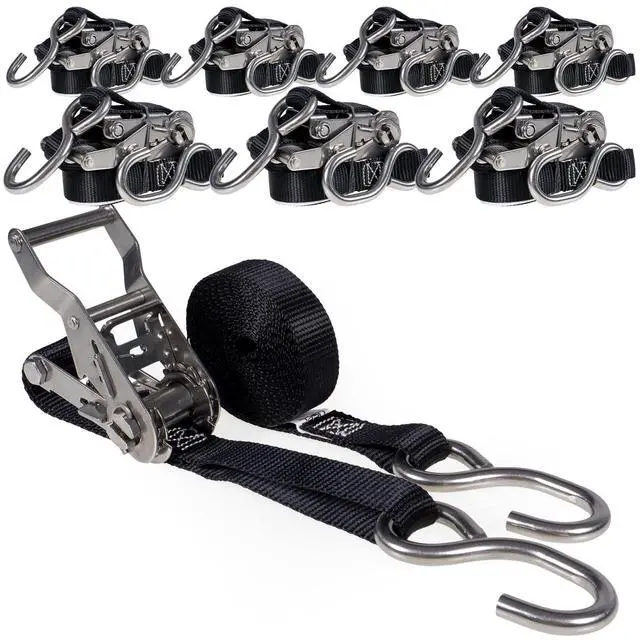Main image of Stainless Steel Ratchet Straps with S-Hooks 1" X 10' (8 Pack), 765 LBS Break Strength, Marine Tie Down Straps for Boats, ATVs, Trees, Camping, Snow, Saltwater Applications