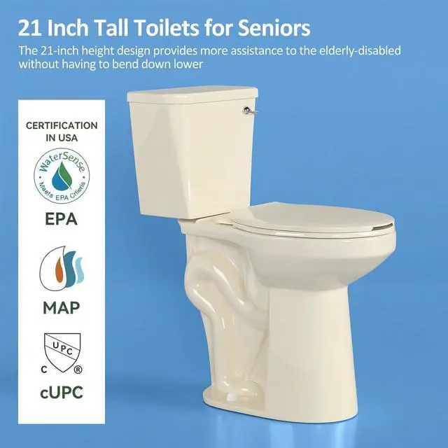 Alt view image 4 of 6 - Tall Toilets for Seniors 21 inch Extra High Toilets, ADA Comfort Toilet Bowl Heigh 21", Elongated Two-Piece Toilet 1.28GPF Powerful, 12 Inch Rough-in, Bone Color, for Bathroom