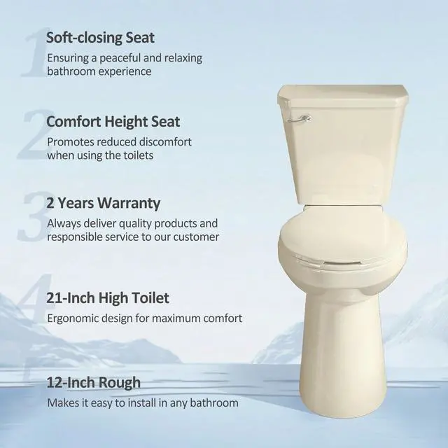 Alt view image 5 of 6 - Tall Toilets for Seniors 21 inch Extra High Toilets, ADA Comfort Toilet Bowl Heigh 21", Elongated Two-Piece Toilet 1.28GPF Powerful, 12 Inch Rough-in, Bone Color, for Bathroom