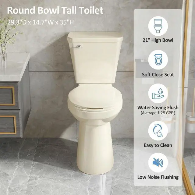 Alt view image 6 of 6 - Tall Toilets for Seniors 21 inch Extra High Toilets, ADA Comfort Toilet Bowl Heigh 21", Elongated Two-Piece Toilet 1.28GPF Powerful, 12 Inch Rough-in, Bone Color, for Bathroom