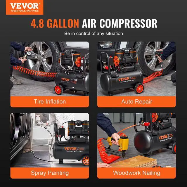 Alt view image 6 of 6 - 4.8 Gallon Air Compressor, 1.2HP 2.2 CFM@90PSI Oil Free Air Compressor Tank & Max. 116PSI Pressure, 70 dB Ultra Quiet Compressor for Auto Repair, Tire Inflation, Spray Painting, Woodwork Nailing