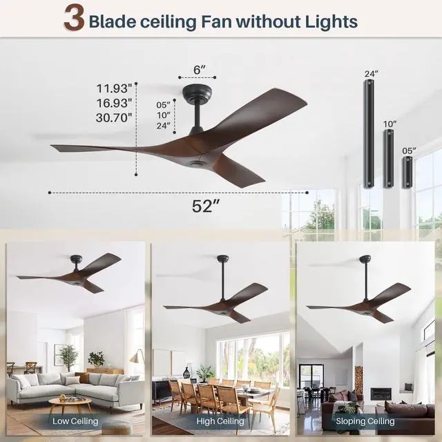 Alt view image 3 of 6 - 52 Inch Propeller Ceiling Fan No Light, Remote Control, 6 Speeds Noiseless DC Motor, 3 ABS Blades, Indoor Outdoor Ceiling Fans for Living Room, Bedroom, Patio