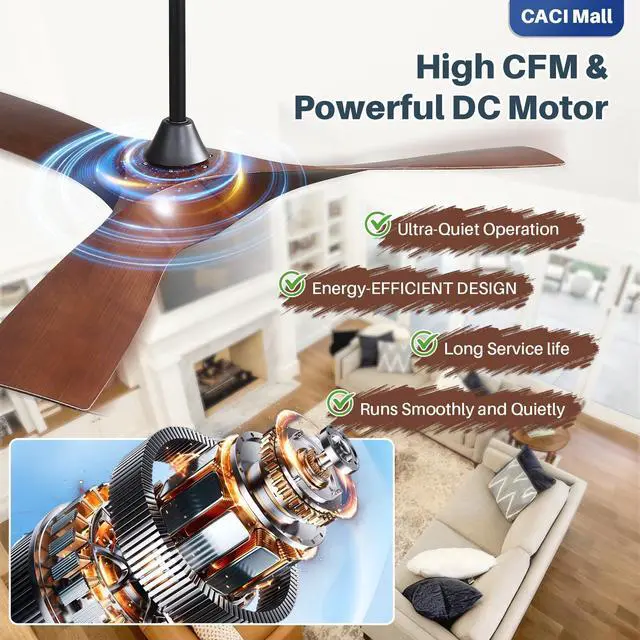 Alt view image 4 of 6 - 52 Inch Propeller Ceiling Fan No Light, Remote Control, 6 Speeds Noiseless DC Motor, 3 ABS Blades, Indoor Outdoor Ceiling Fans for Living Room, Bedroom, Patio