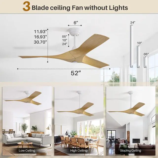 Alt view image 2 of 6 - 52 Inch Propeller Ceiling Fan No Light, Remote Control, 6 Speeds Noiseless DC Motor, 3 ABS Blades, Indoor Outdoor Ceiling Fans for Living Room, Bedroom, Patio