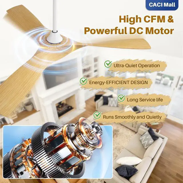 Alt view image 3 of 6 - 52 Inch Propeller Ceiling Fan No Light, Remote Control, 6 Speeds Noiseless DC Motor, 3 ABS Blades, Indoor Outdoor Ceiling Fans for Living Room, Bedroom, Patio