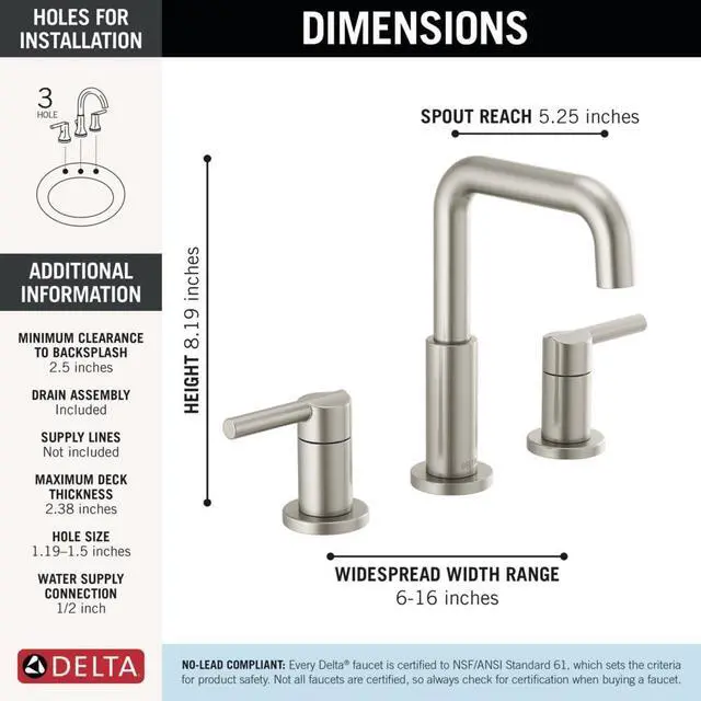 Alt view image 5 of 6 - Faucet Nicoli Widespread Bathroom Faucet Brushed Nickel, Bathroom Faucet 3 Hole, Bathroom Sink Faucet, Drain Assembly, Stainless 35849LF-SS