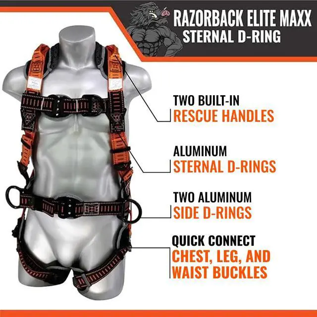 Alt view image 4 of 6 - Razorback Elite MAXX - Safety Harness and Fall Protection Kit with Sewn in Lumbar Support Belt and Built-in Rescue Handles for Fall Arrest, OSHA & ANSI Compliant (3XLarge)