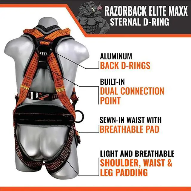 Alt view image 5 of 6 - Razorback Elite MAXX - Safety Harness and Fall Protection Kit with Sewn in Lumbar Support Belt and Built-in Rescue Handles for Fall Arrest, OSHA & ANSI Compliant (3XLarge)