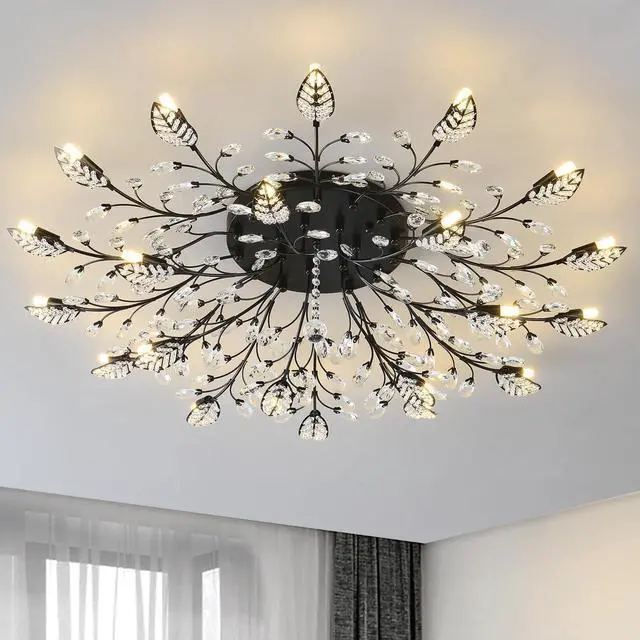 Main image of Small Crystal Chandelier Modern Semi Flush Mount Ceiling Light Fixture Black Leaves Chandeliers Lighting for Bedroom Living Room Dining Room Kitchen Hallway Foyer