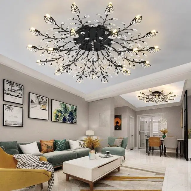 Alt view image 2 of 6 - Small Crystal Chandelier Modern Semi Flush Mount Ceiling Light Fixture Black Leaves Chandeliers Lighting for Bedroom Living Room Dining Room Kitchen Hallway Foyer