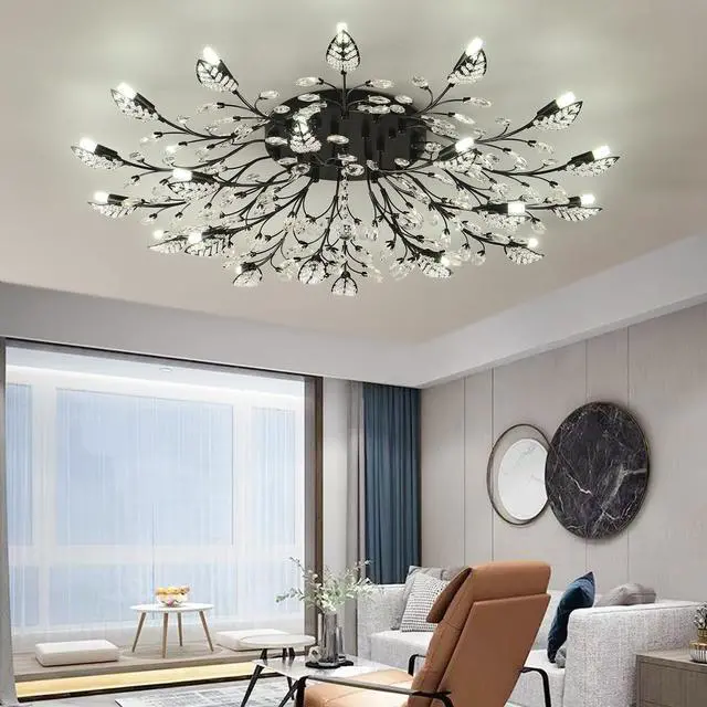 Alt view image 3 of 6 - Small Crystal Chandelier Modern Semi Flush Mount Ceiling Light Fixture Black Leaves Chandeliers Lighting for Bedroom Living Room Dining Room Kitchen Hallway Foyer