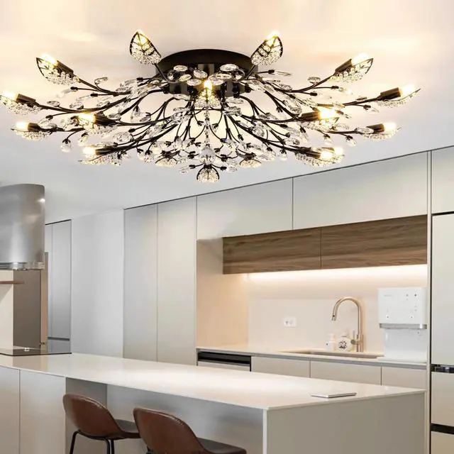 Alt view image 4 of 6 - Small Crystal Chandelier Modern Semi Flush Mount Ceiling Light Fixture Black Leaves Chandeliers Lighting for Bedroom Living Room Dining Room Kitchen Hallway Foyer