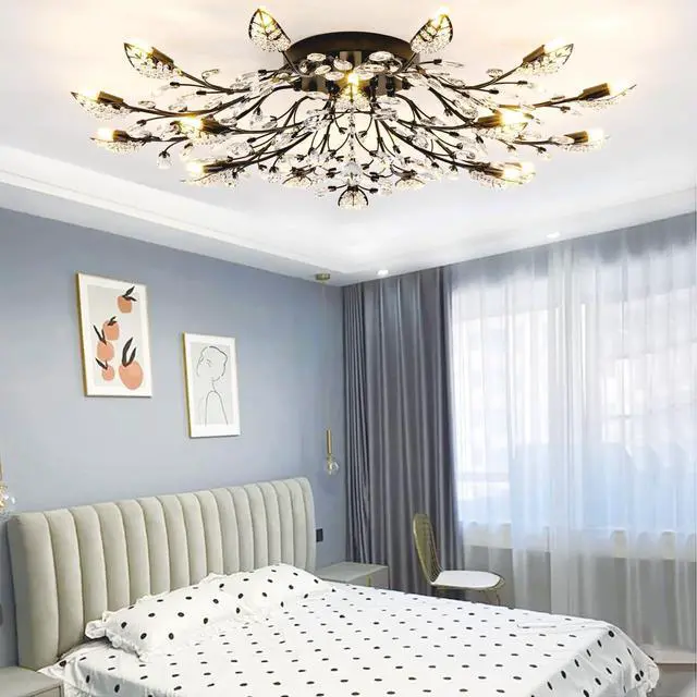 Alt view image 5 of 6 - Small Crystal Chandelier Modern Semi Flush Mount Ceiling Light Fixture Black Leaves Chandeliers Lighting for Bedroom Living Room Dining Room Kitchen Hallway Foyer