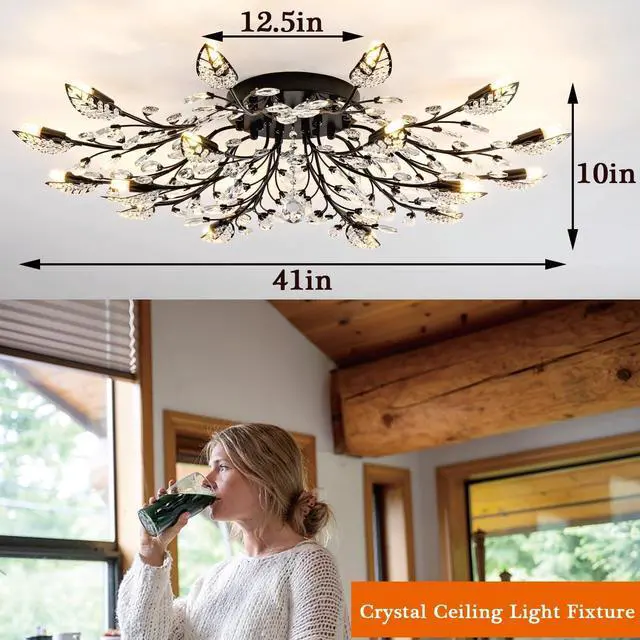 Alt view image 6 of 6 - Small Crystal Chandelier Modern Semi Flush Mount Ceiling Light Fixture Black Leaves Chandeliers Lighting for Bedroom Living Room Dining Room Kitchen Hallway Foyer