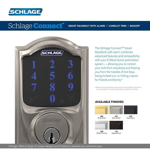 Alt view image 3 of 6 - Connect Camelot Touchscreen Deadbolt with Built-In Alarm, Matte Black, BE469 CAM 622, Works with Alexa via SmartThings, Wink or Iris