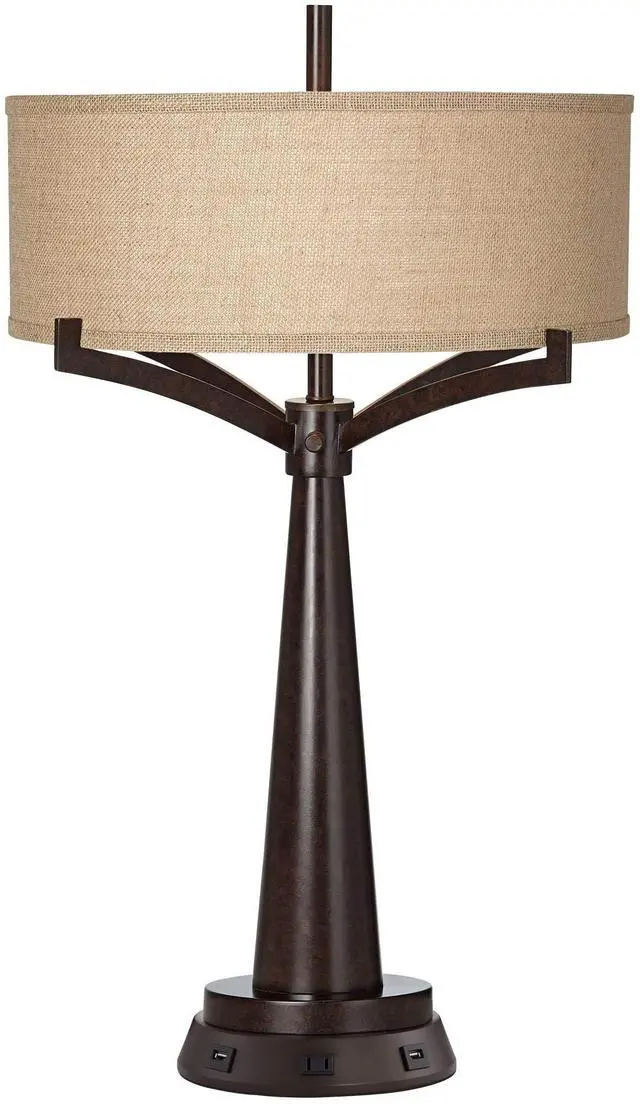 Main image of Tremont Rustic Farmhouse Table Lamp 31 1/2" Tall with USB and AC Power Outlets in Base Bronze Iron Burlap Drum Shade for Bedroom Living Room House Bedside Nightstand Home Office