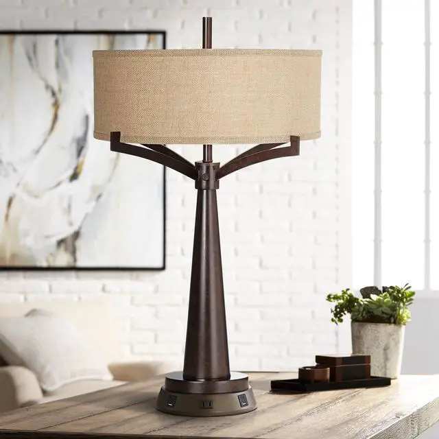Alt view image 2 of 3 - Tremont Rustic Farmhouse Table Lamp 31 1/2" Tall with USB and AC Power Outlets in Base Bronze Iron Burlap Drum Shade for Bedroom Living Room House Bedside Nightstand Home Office