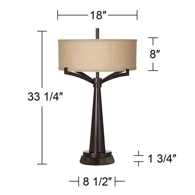 Alt view image 3 of 3 - Tremont Rustic Farmhouse Table Lamp 31 1/2" Tall with USB and AC Power Outlets in Base Bronze Iron Burlap Drum Shade for Bedroom Living Room House Bedside Nightstand Home Office