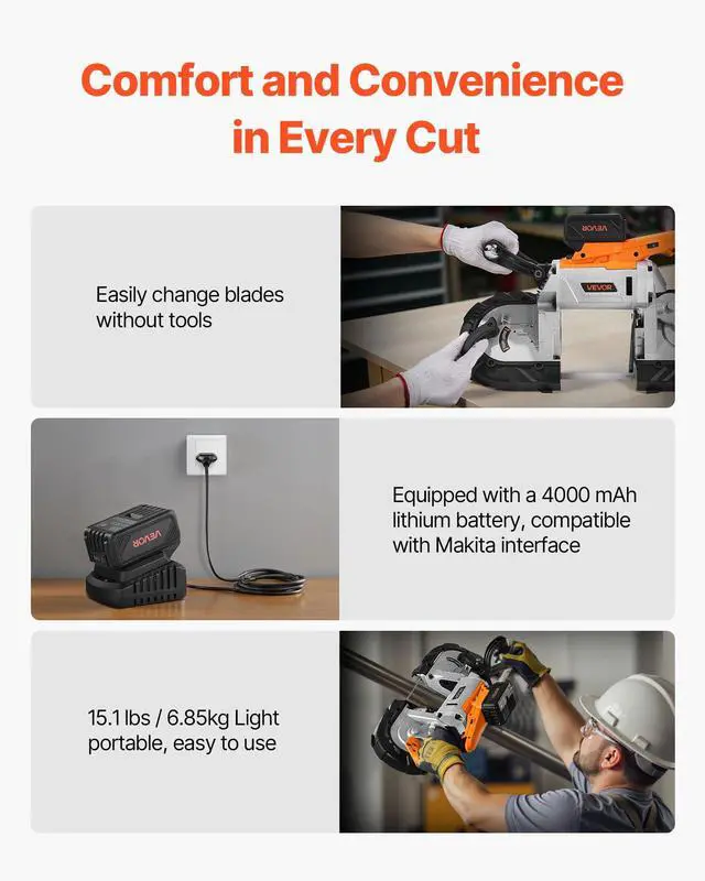 Alt view image 6 of 6 - 20V Portable Band Saw Kit, 5 Inches Deep Cut, 360W Bandsaw with Brushless Motor, Cordless and Compact, for Cutting Metal, Wood, Compatible with Makita Batteries (Kit with 4.0 Ah Battery)