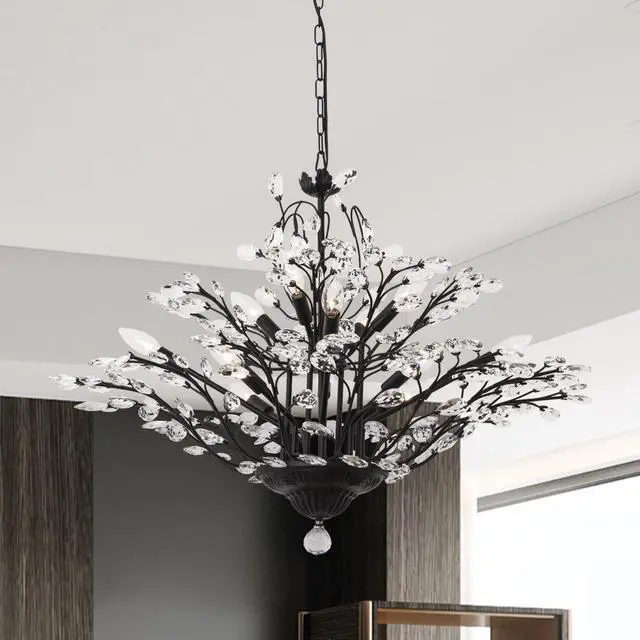 Main image of Vintage Crystal Branch Chandeliers, 12-Light Adjustable K9 Crystal Pendant Hanging Lighting Ceiling Light Fixtures Chandeliers for Dining Room, Living Room, Bedroom, Porch, 33in, Black