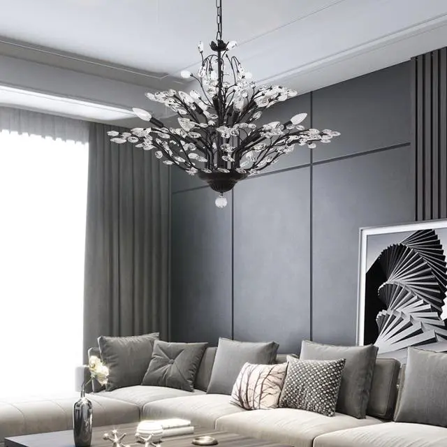 Alt view image 2 of 6 - Vintage Crystal Branch Chandeliers, 12-Light Adjustable K9 Crystal Pendant Hanging Lighting Ceiling Light Fixtures Chandeliers for Dining Room, Living Room, Bedroom, Porch, 33in, Black