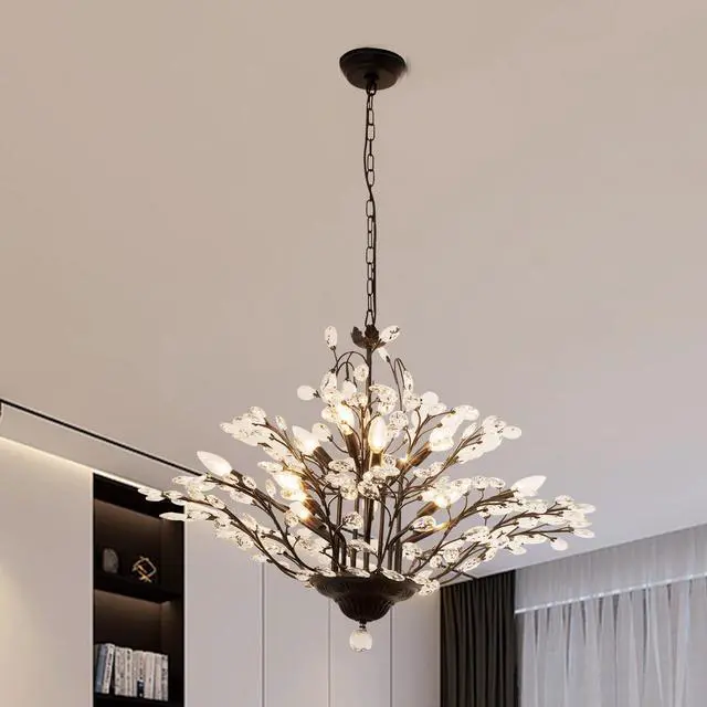 Alt view image 3 of 6 - Vintage Crystal Branch Chandeliers, 12-Light Adjustable K9 Crystal Pendant Hanging Lighting Ceiling Light Fixtures Chandeliers for Dining Room, Living Room, Bedroom, Porch, 33in, Black