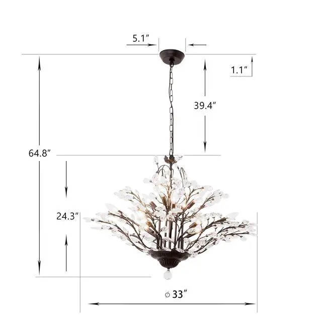 Alt view image 4 of 6 - Vintage Crystal Branch Chandeliers, 12-Light Adjustable K9 Crystal Pendant Hanging Lighting Ceiling Light Fixtures Chandeliers for Dining Room, Living Room, Bedroom, Porch, 33in, Black