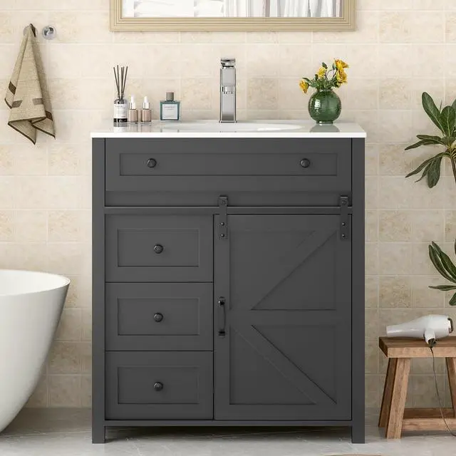 Main image of 30 Inch Bathroom Vanity with 4 Drawers and Sliding Door, Freestanding Bathroom Storage Cabinet with Sink Combo, Vintage Vanity Cabinet with Ceramic Sink, Faucet, Drain, Grey