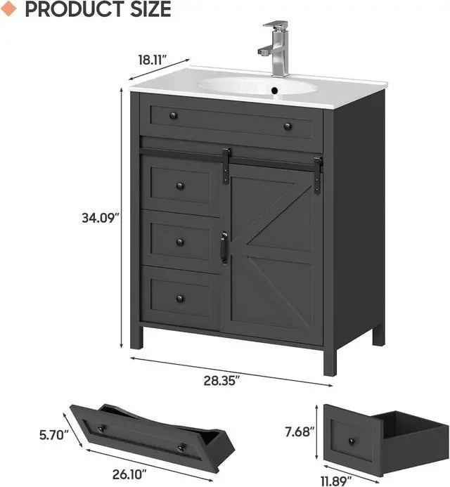 Alt view image 2 of 6 - 30 Inch Bathroom Vanity with 4 Drawers and Sliding Door, Freestanding Bathroom Storage Cabinet with Sink Combo, Vintage Vanity Cabinet with Ceramic Sink, Faucet, Drain, Grey