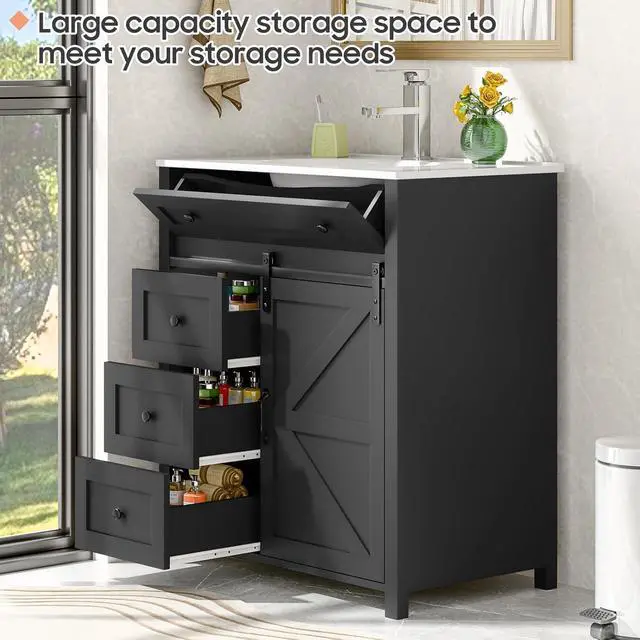 Alt view image 3 of 6 - 30 Inch Bathroom Vanity with 4 Drawers and Sliding Door, Freestanding Bathroom Storage Cabinet with Sink Combo, Vintage Vanity Cabinet with Ceramic Sink, Faucet, Drain, Grey