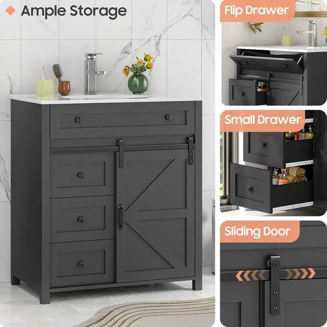 Alt view image 4 of 6 - 30 Inch Bathroom Vanity with 4 Drawers and Sliding Door, Freestanding Bathroom Storage Cabinet with Sink Combo, Vintage Vanity Cabinet with Ceramic Sink, Faucet, Drain, Grey