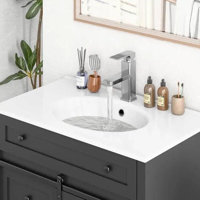Alt view image 6 of 6 - 30 Inch Bathroom Vanity with 4 Drawers and Sliding Door, Freestanding Bathroom Storage Cabinet with Sink Combo, Vintage Vanity Cabinet with Ceramic Sink, Faucet, Drain, Grey