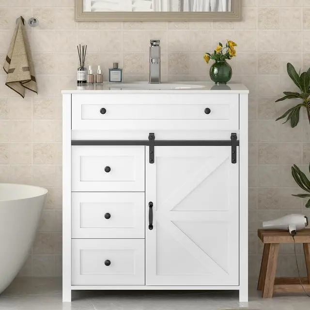 Main image of 30 Inch Bathroom Vanity with 4 Drawers and Sliding Door, Freestanding Bathroom Storage Cabinet with Sink Combo, Vintage Vanity Cabinet with Ceramic Sink, Faucet, Drain, White