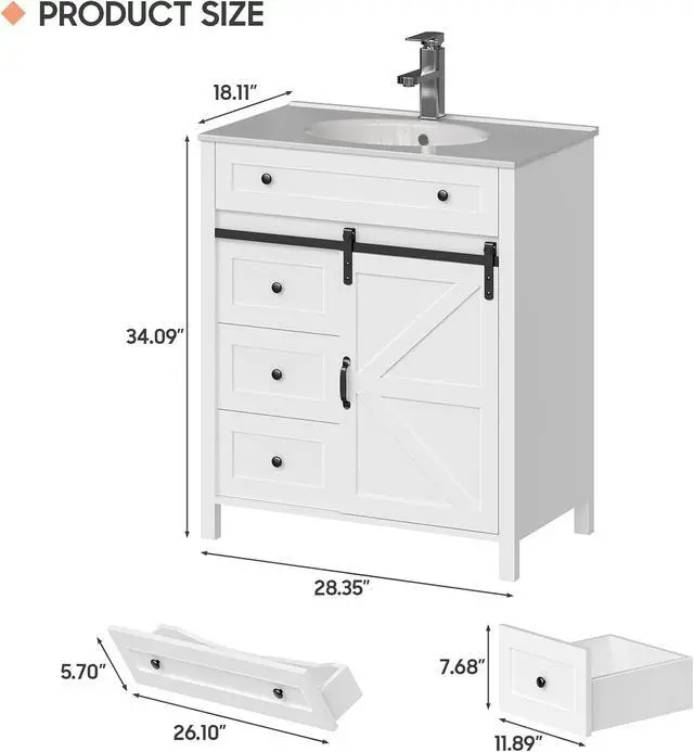 Alt view image 2 of 6 - 30 Inch Bathroom Vanity with 4 Drawers and Sliding Door, Freestanding Bathroom Storage Cabinet with Sink Combo, Vintage Vanity Cabinet with Ceramic Sink, Faucet, Drain, White