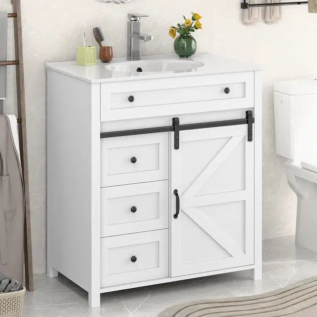 Alt view image 3 of 6 - 30 Inch Bathroom Vanity with 4 Drawers and Sliding Door, Freestanding Bathroom Storage Cabinet with Sink Combo, Vintage Vanity Cabinet with Ceramic Sink, Faucet, Drain, White