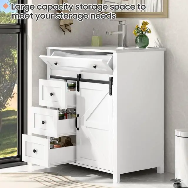 Alt view image 4 of 6 - 30 Inch Bathroom Vanity with 4 Drawers and Sliding Door, Freestanding Bathroom Storage Cabinet with Sink Combo, Vintage Vanity Cabinet with Ceramic Sink, Faucet, Drain, White