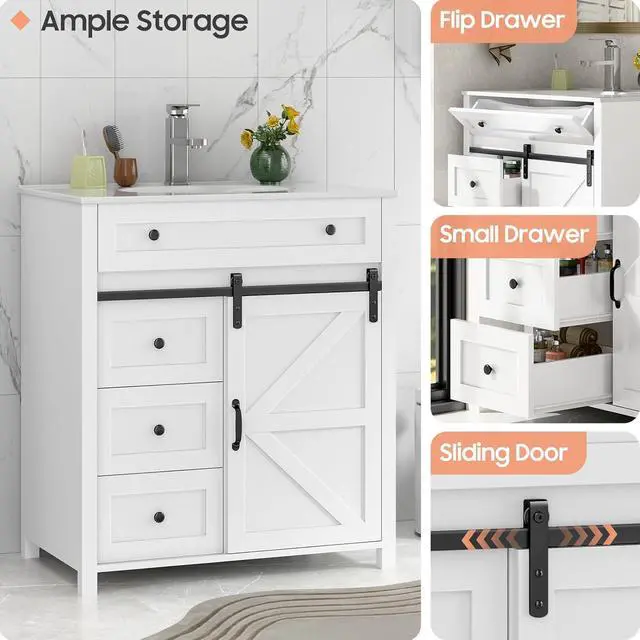 Alt view image 5 of 6 - 30 Inch Bathroom Vanity with 4 Drawers and Sliding Door, Freestanding Bathroom Storage Cabinet with Sink Combo, Vintage Vanity Cabinet with Ceramic Sink, Faucet, Drain, White