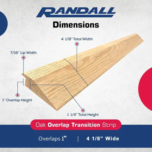 Alt view image 2 of 4 - 1 Inch Overlap Oak Edge Floor Transition Strip, 4-1/8" Wide x 72" Long, Red Oak Wood Threshold, Doorway Floor Molding for Wood, Tile, Carpet & Laminate Floors, Made in USA